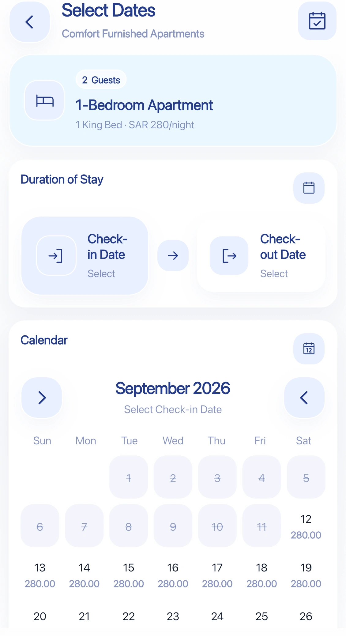 English Ask end-user app accommodation date selection screen showing stay duration and calendar.