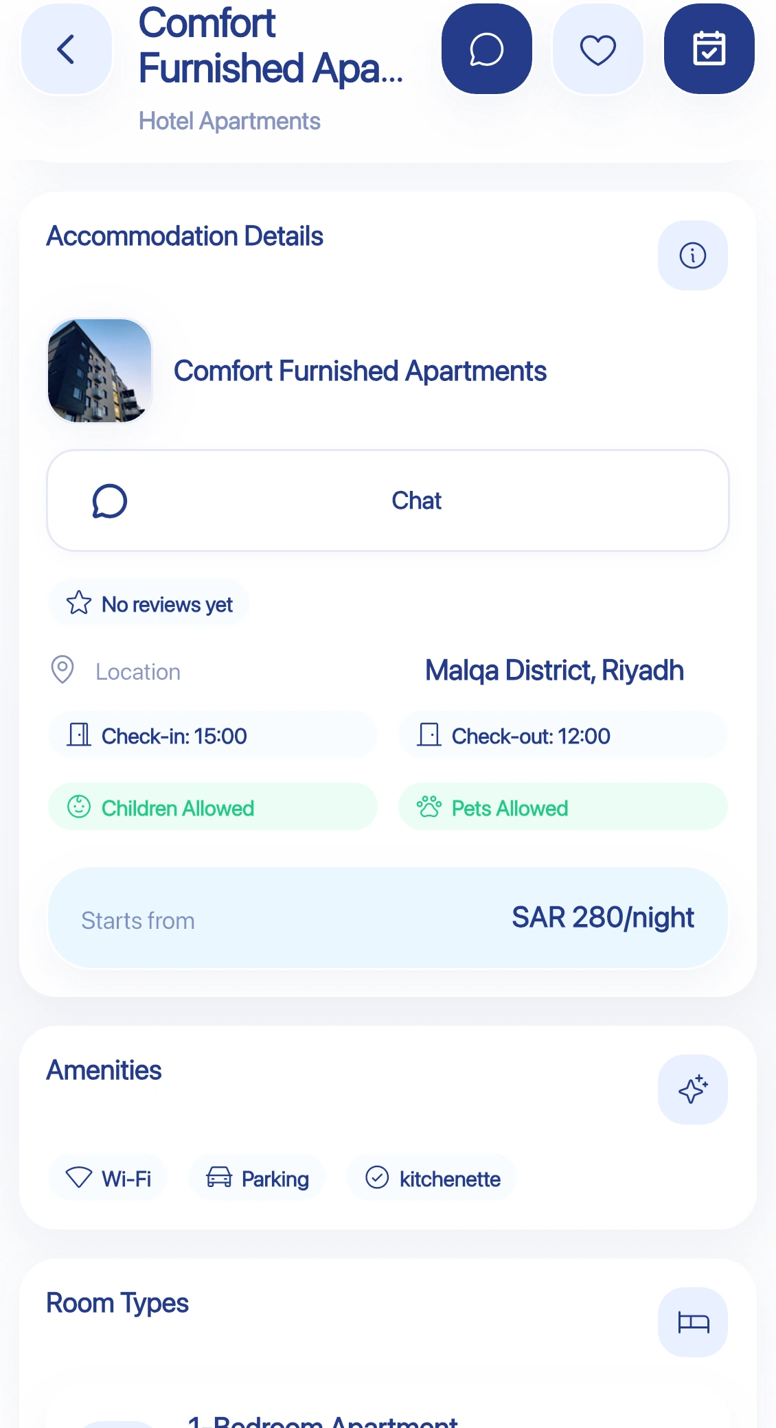 English Ask end-user app accommodation details screen for Comfort Furnished Apartments.