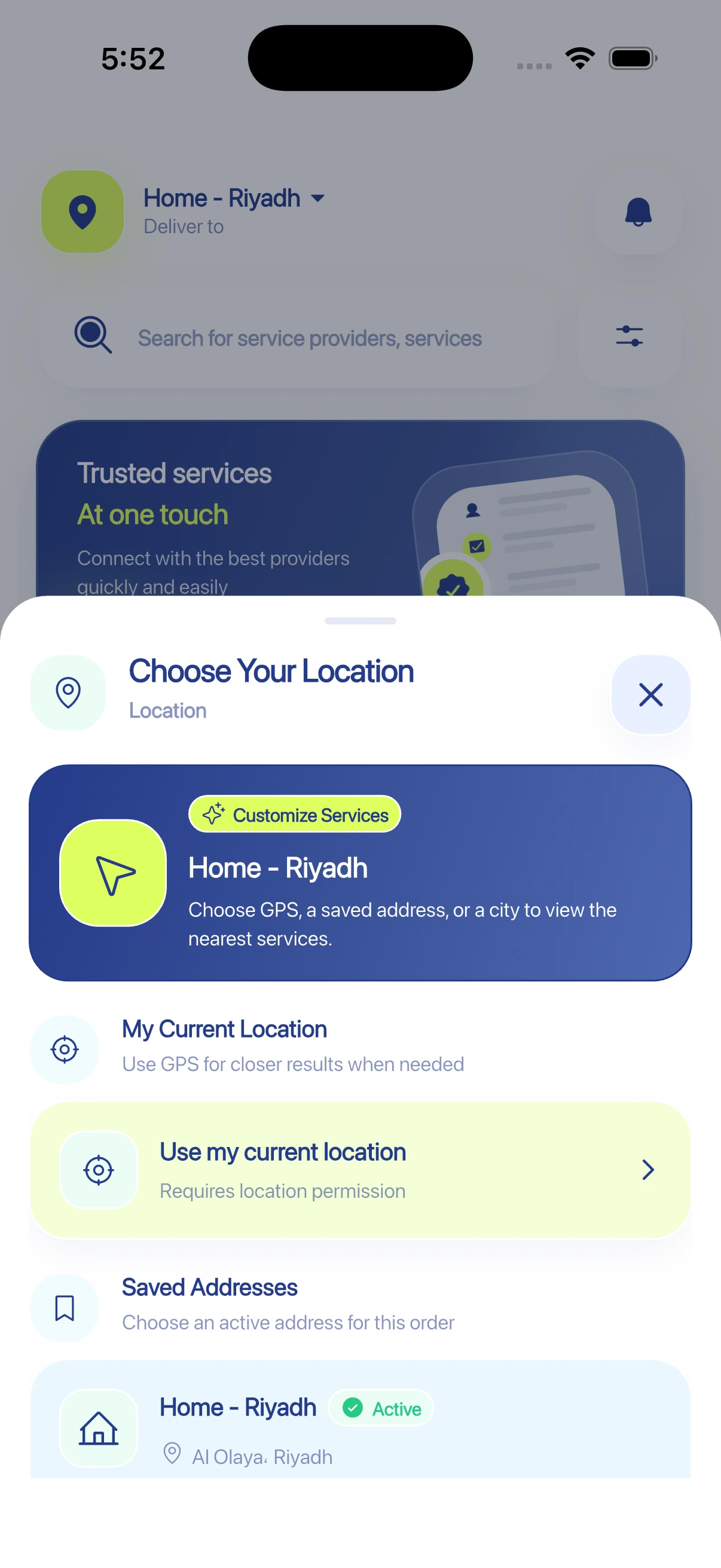 English Ask end-user app choose-location screen showing saved addresses and current location options.