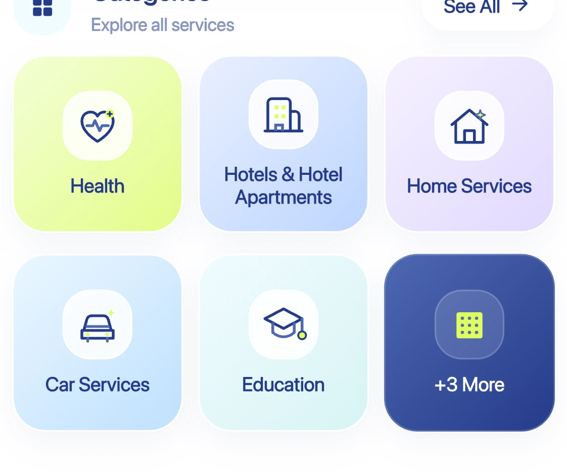English Ask end-user app service categories showing health, hotels, home services, car services, and education.