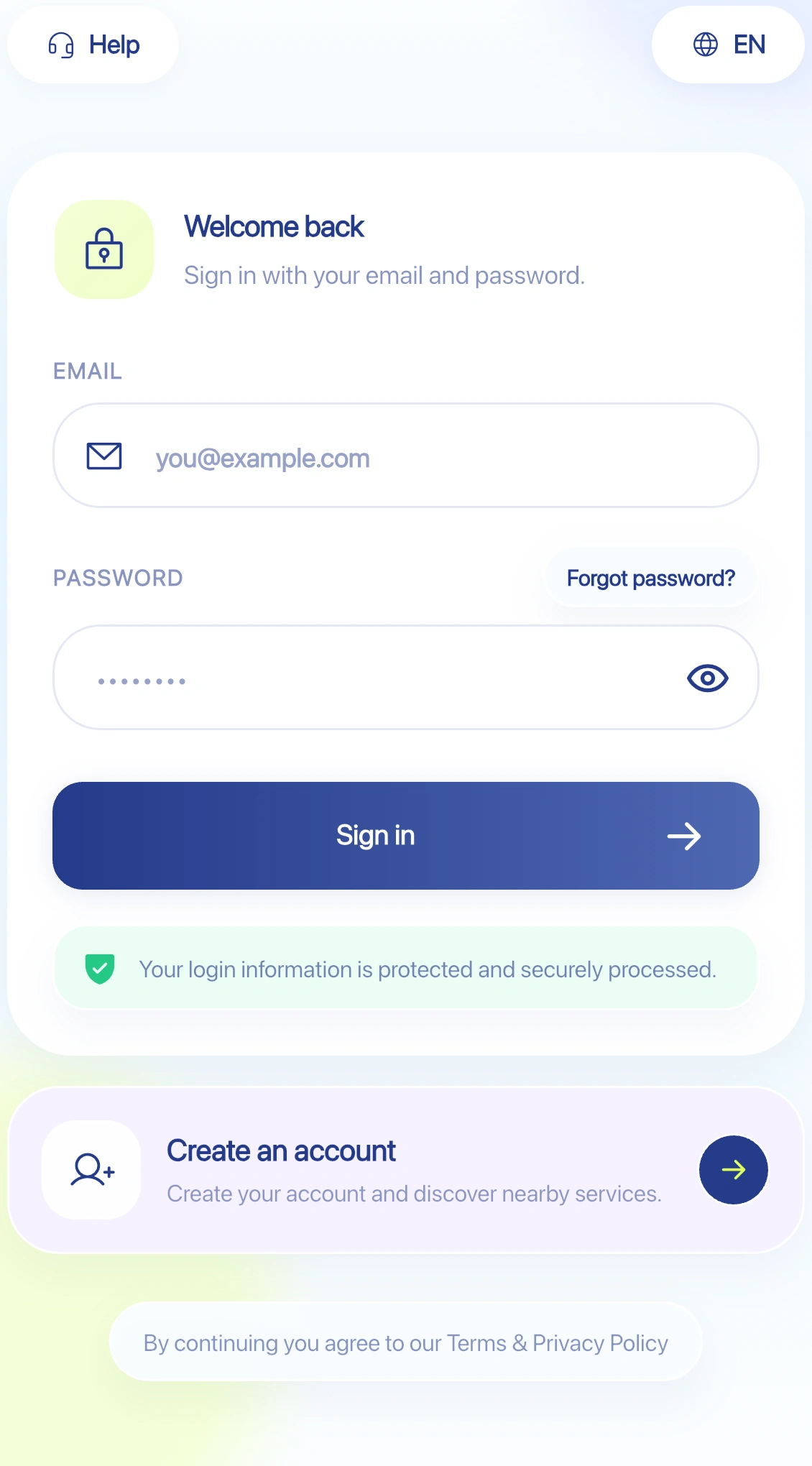English Ask end-user app login screen with email, password, secure sign-in, and account creation.