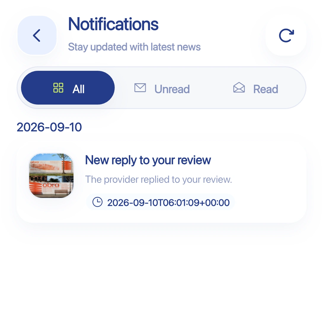 English Ask end-user app notifications screen showing all, unread, and read updates.