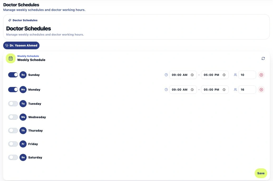 English Ask Provider Dashboard doctor schedules screen showing weekly availability, working hours, and save controls.